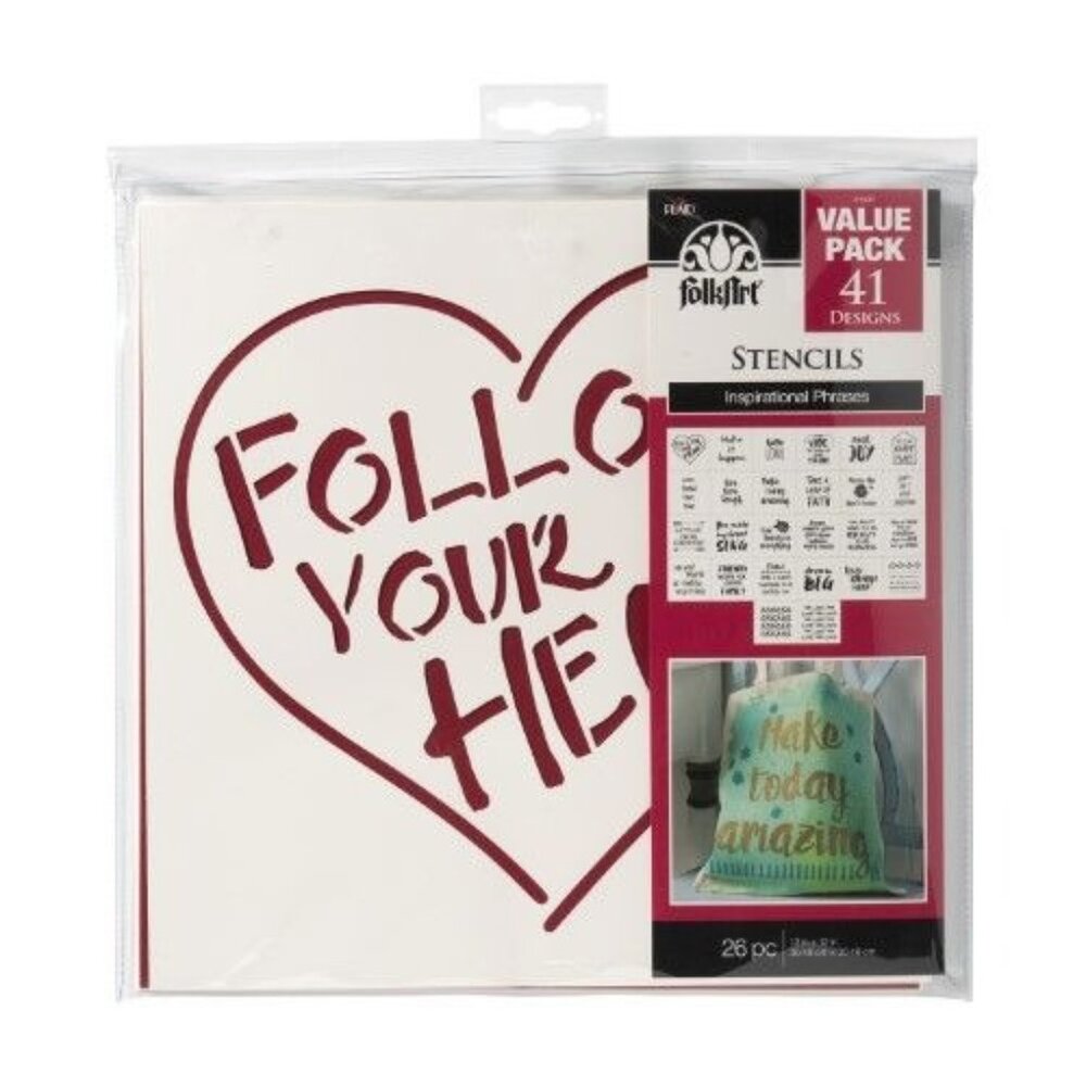 FolkArt Inspirational Phrases Stencils Value Pack 41 Designs 26 Piece 12 x 12 in